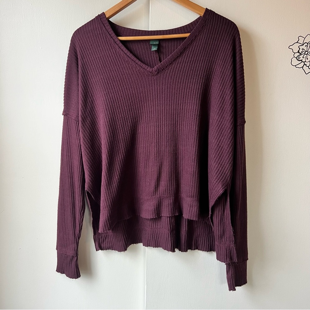 Women's Ribbed Knit Long Sleeve Slit Flowy Elegant Purple Large